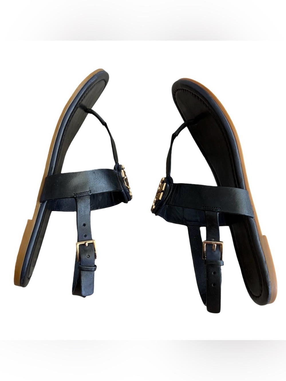Tory Burch Black Leather Thong Sandals with Gold Logo Accent - Picture 12 of 14